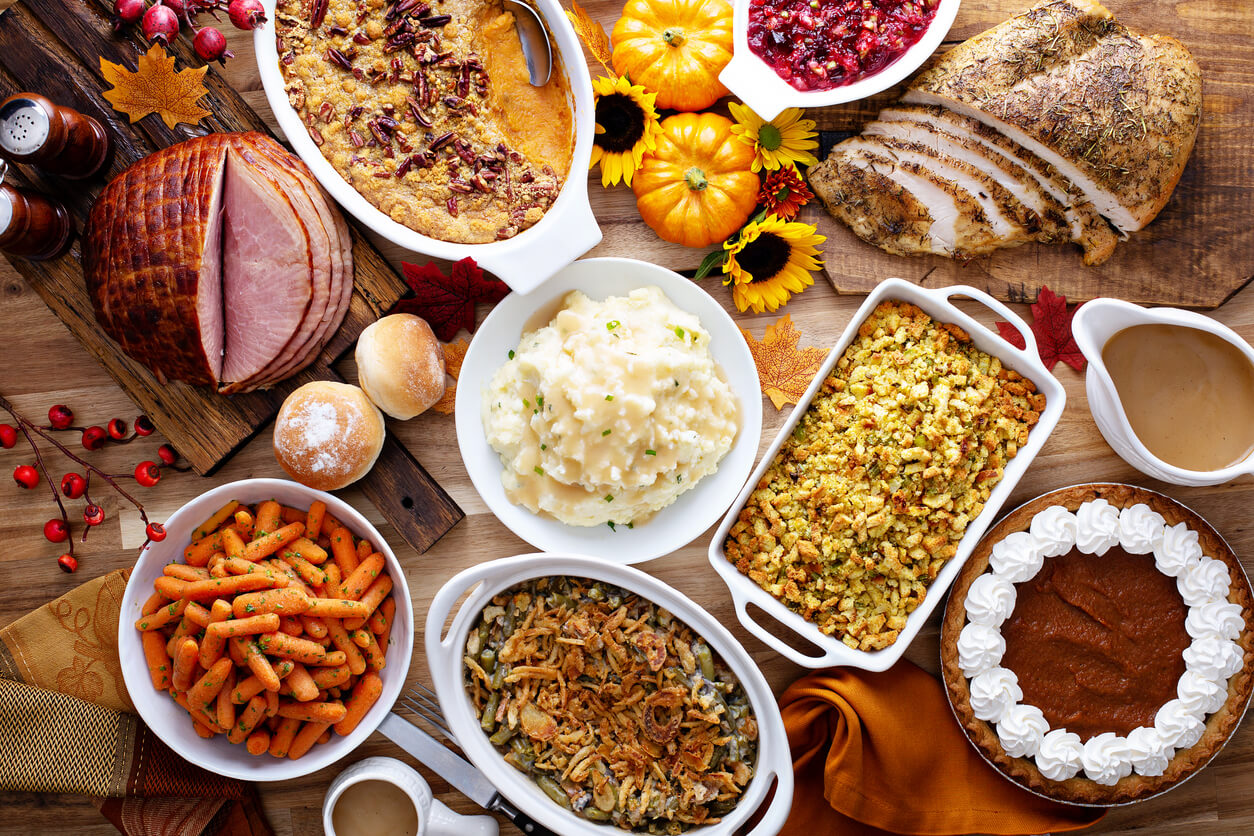 Full spread of holiday comfort foods